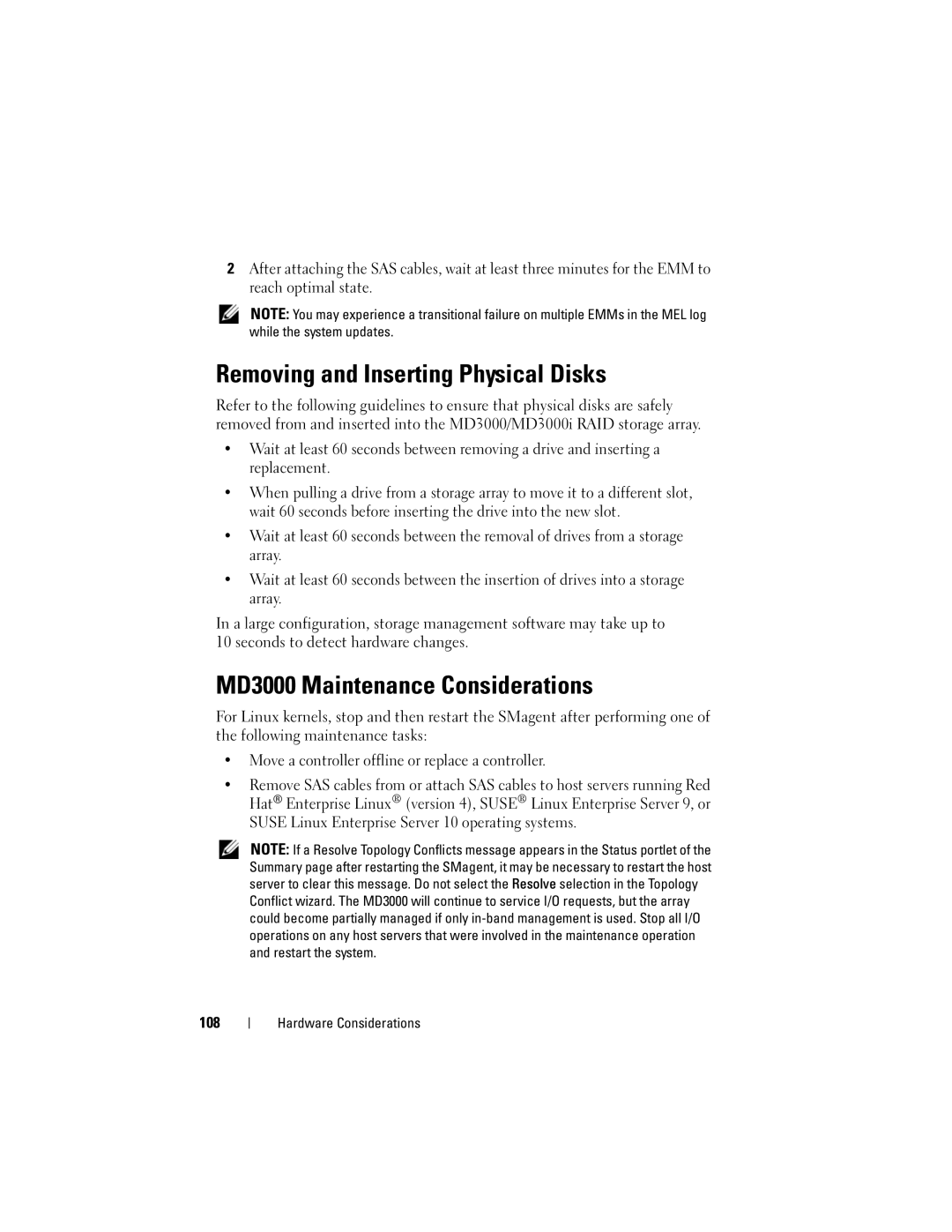 Dell Computer Drive manual Removing and Inserting Physical Disks, MD3000 Maintenance Considerations, 108 