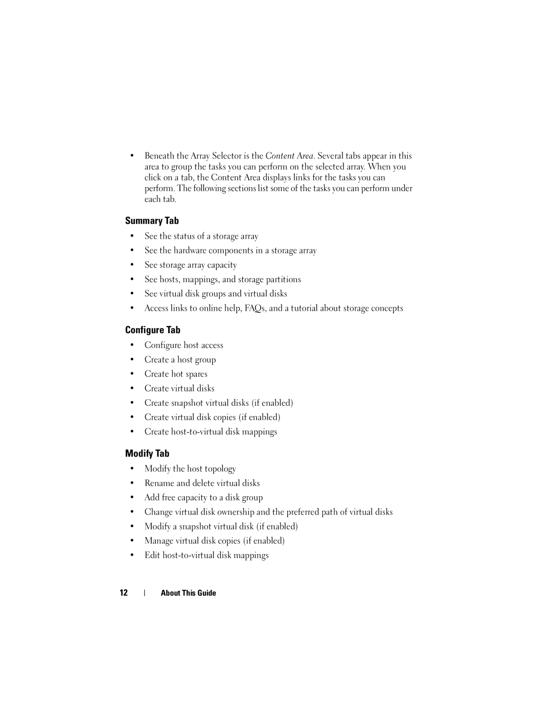 Dell Computer Drive manual Summary Tab, Configure Tab, Modify Tab 