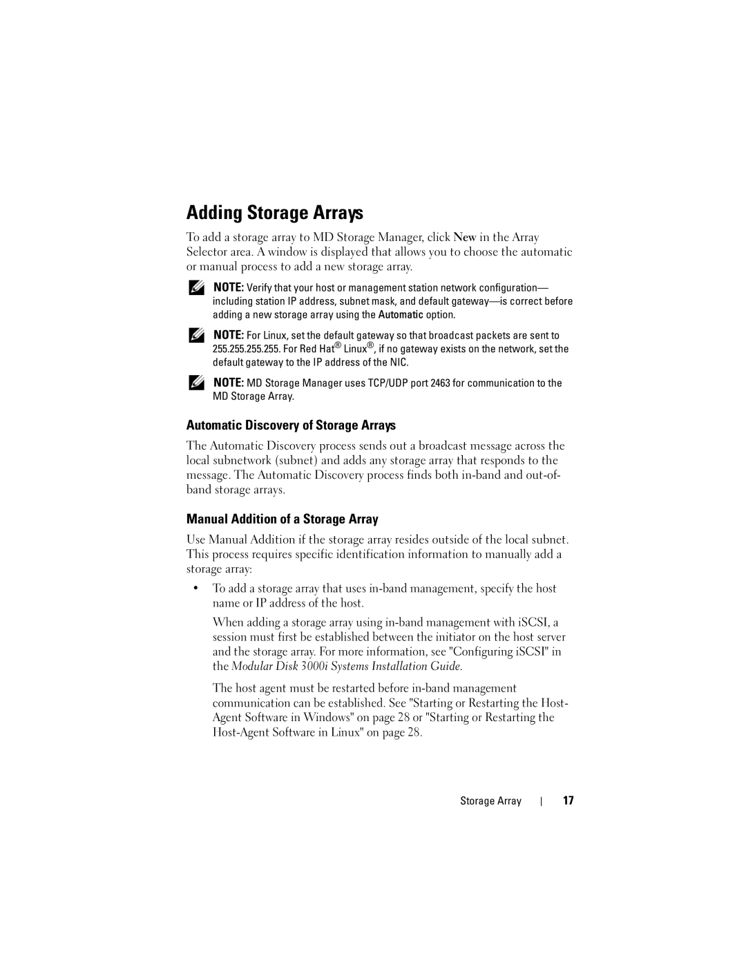 Dell Computer Drive manual Adding Storage Arrays, Automatic Discovery of Storage Arrays, Manual Addition of a Storage Array 