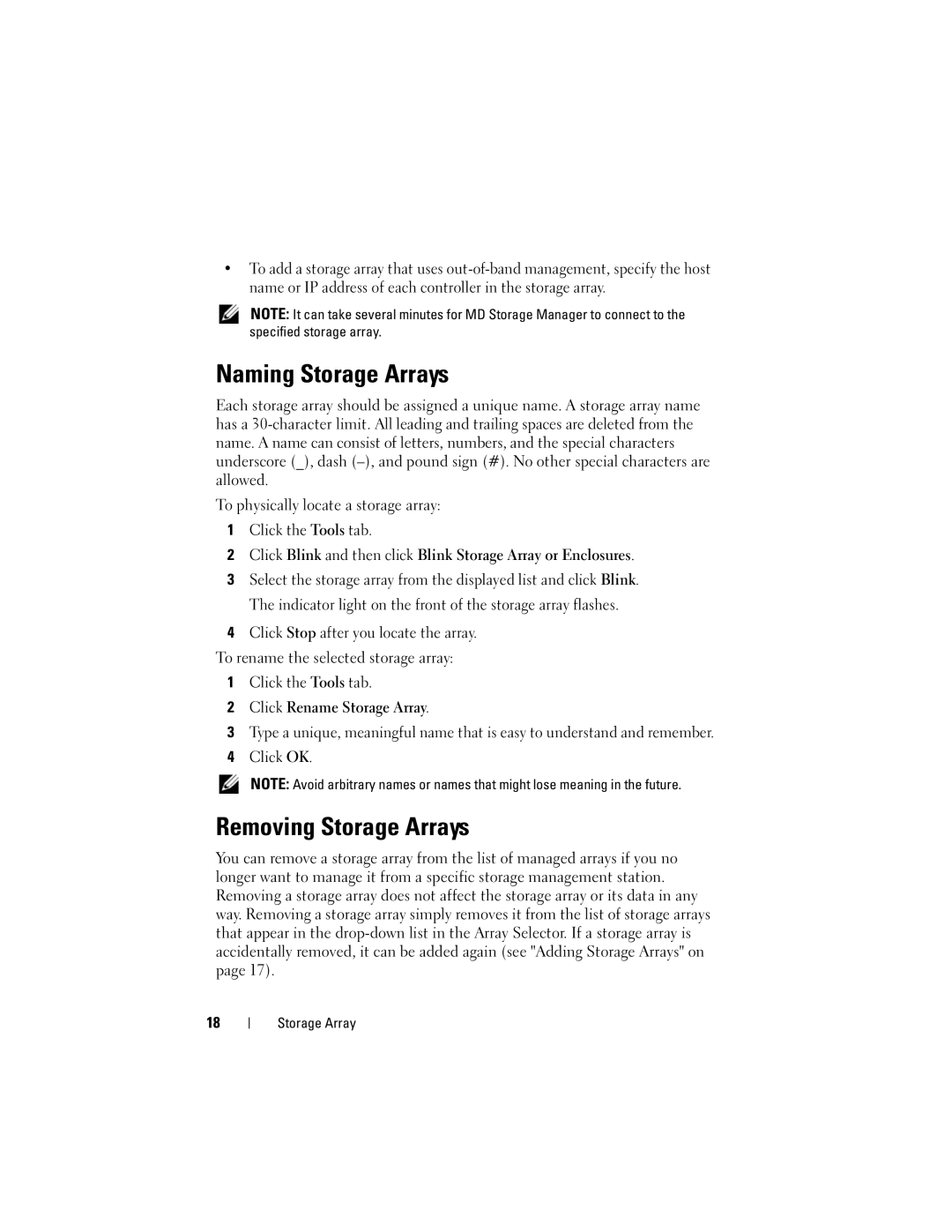 Dell Computer Drive manual Naming Storage Arrays, Removing Storage Arrays 