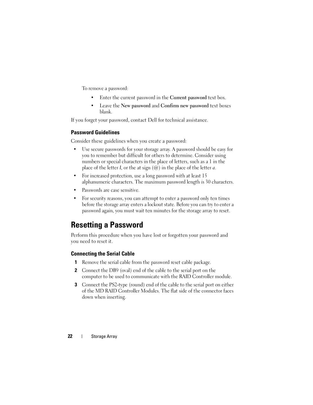 Dell Computer Drive Resetting a Password, Password Guidelines, Connecting the Serial Cable, Passwords are case sensitive 