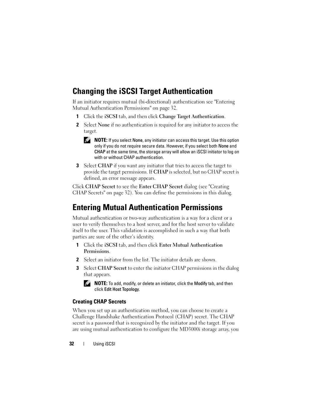 Dell Computer Drive manual Changing the iSCSI Target Authentication, Entering Mutual Authentication Permissions 