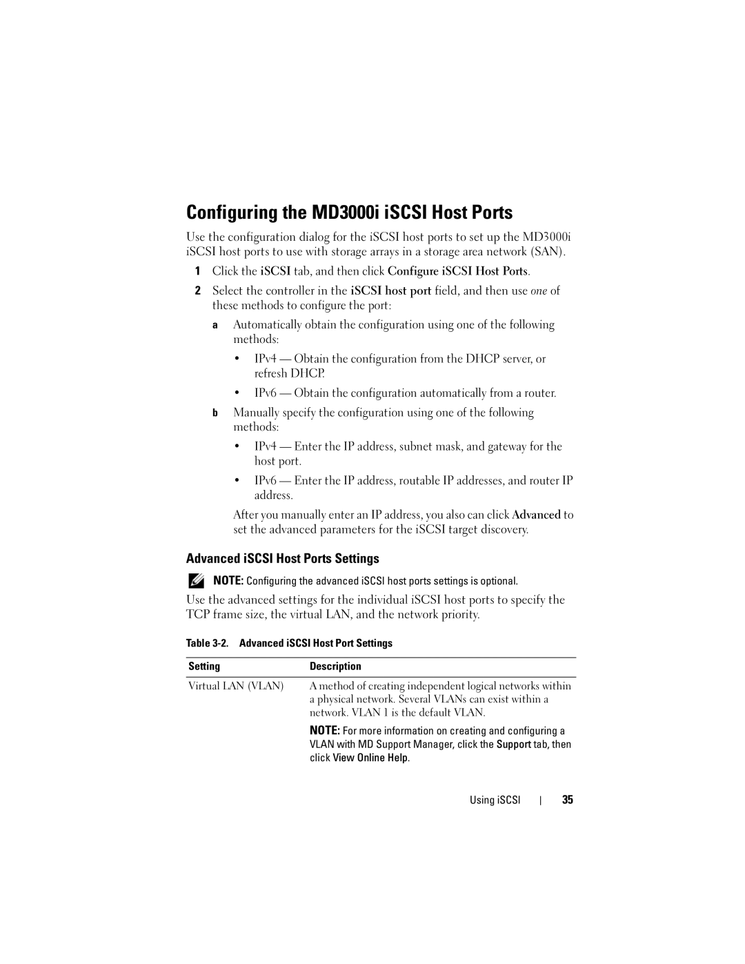 Dell Computer Drive manual Configuring the MD3000i iSCSI Host Ports, Advanced iSCSI Host Ports Settings 