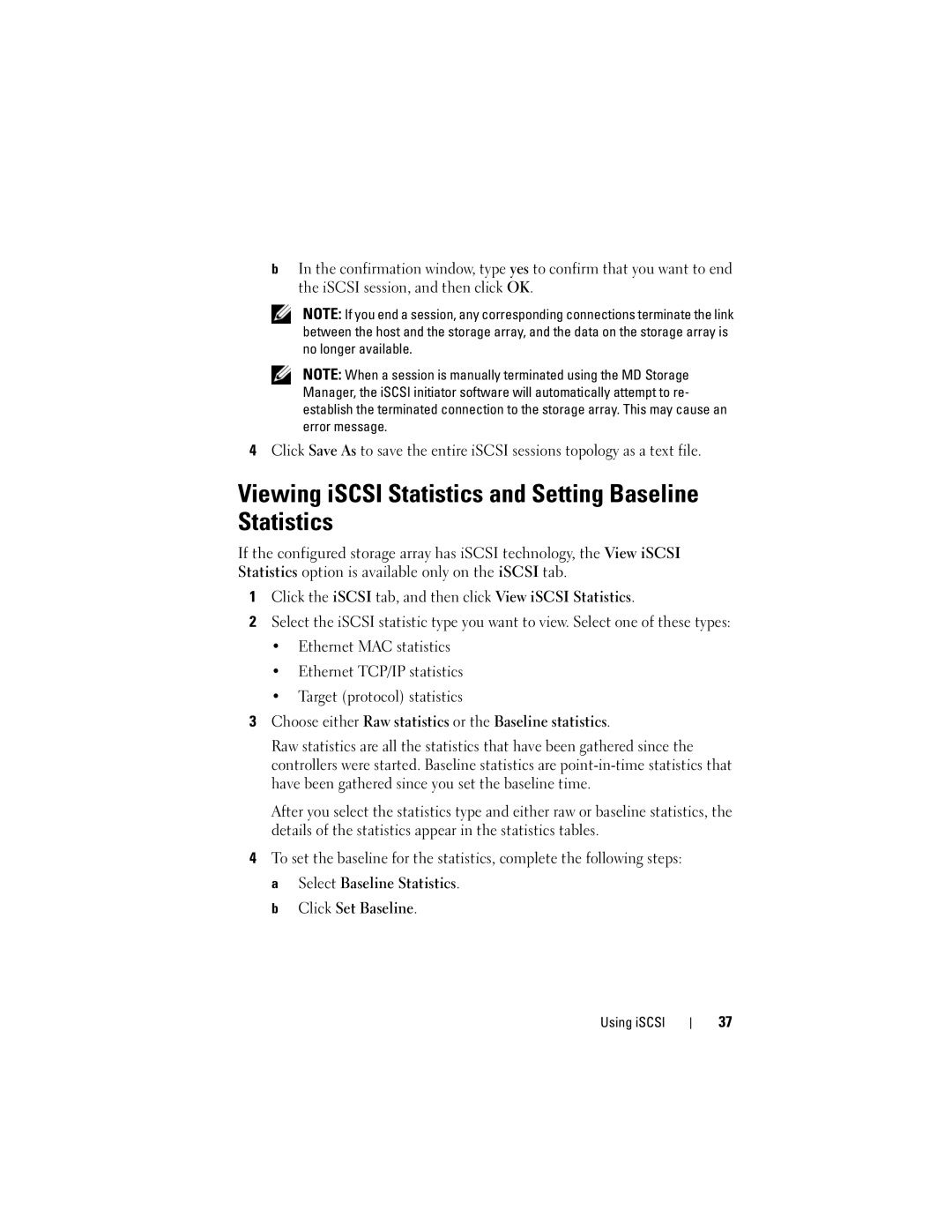 Dell Computer Drive manual Viewing iSCSI Statistics and Setting Baseline Statistics 