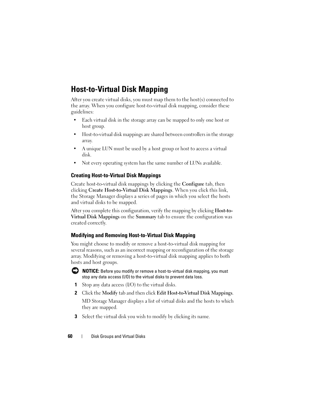 Dell Computer Drive manual Creating Host-to-Virtual Disk Mappings, Modifying and Removing Host-to-Virtual Disk Mapping 