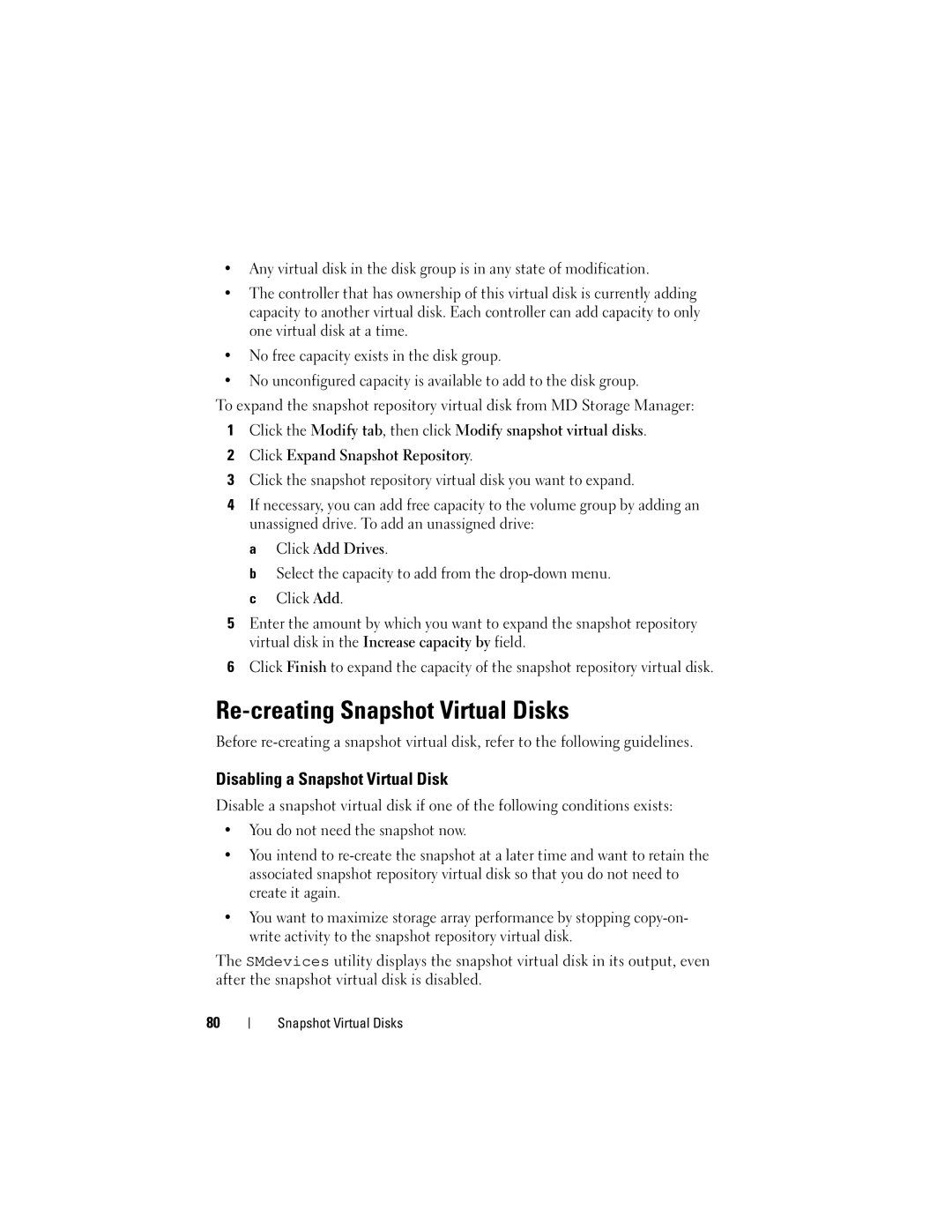 Dell Computer Drive manual Re-creating Snapshot Virtual Disks, Disabling a Snapshot Virtual Disk 