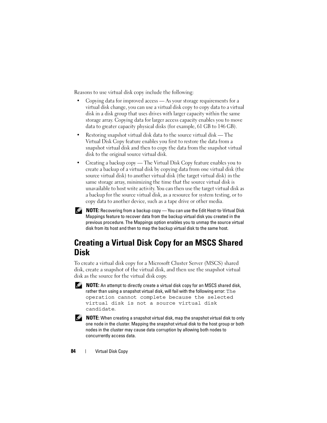 Dell Computer Drive manual Creating a Virtual Disk Copy for an Mscs Shared Disk 