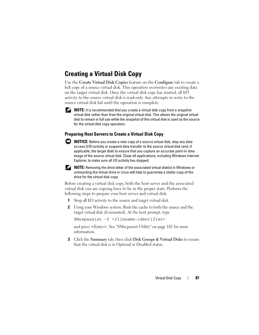 Dell Computer Drive manual Creating a Virtual Disk Copy, Preparing Host Servers to Create a Virtual Disk Copy 