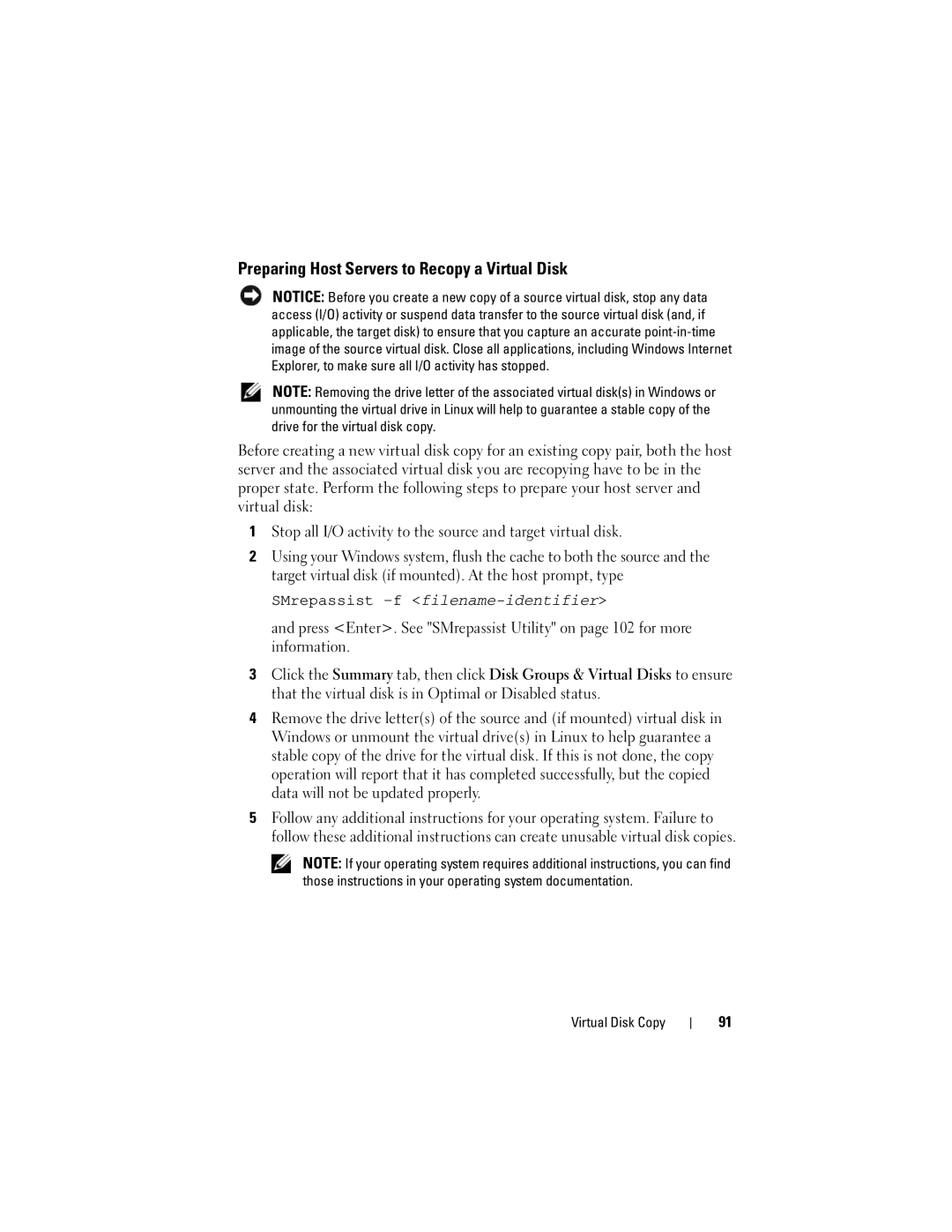 Dell Computer Drive manual Preparing Host Servers to Recopy a Virtual Disk 