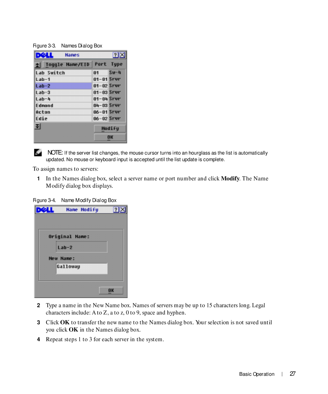 Dell Console Switch manual Names Dialog Box 