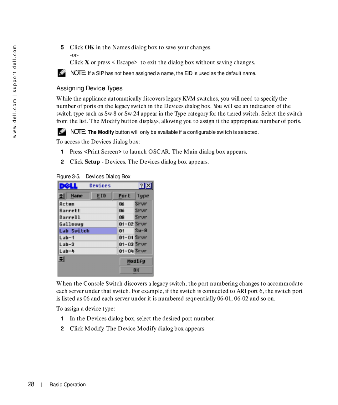 Dell Console Switch manual Assigning Device Types, Devices Dialog Box 