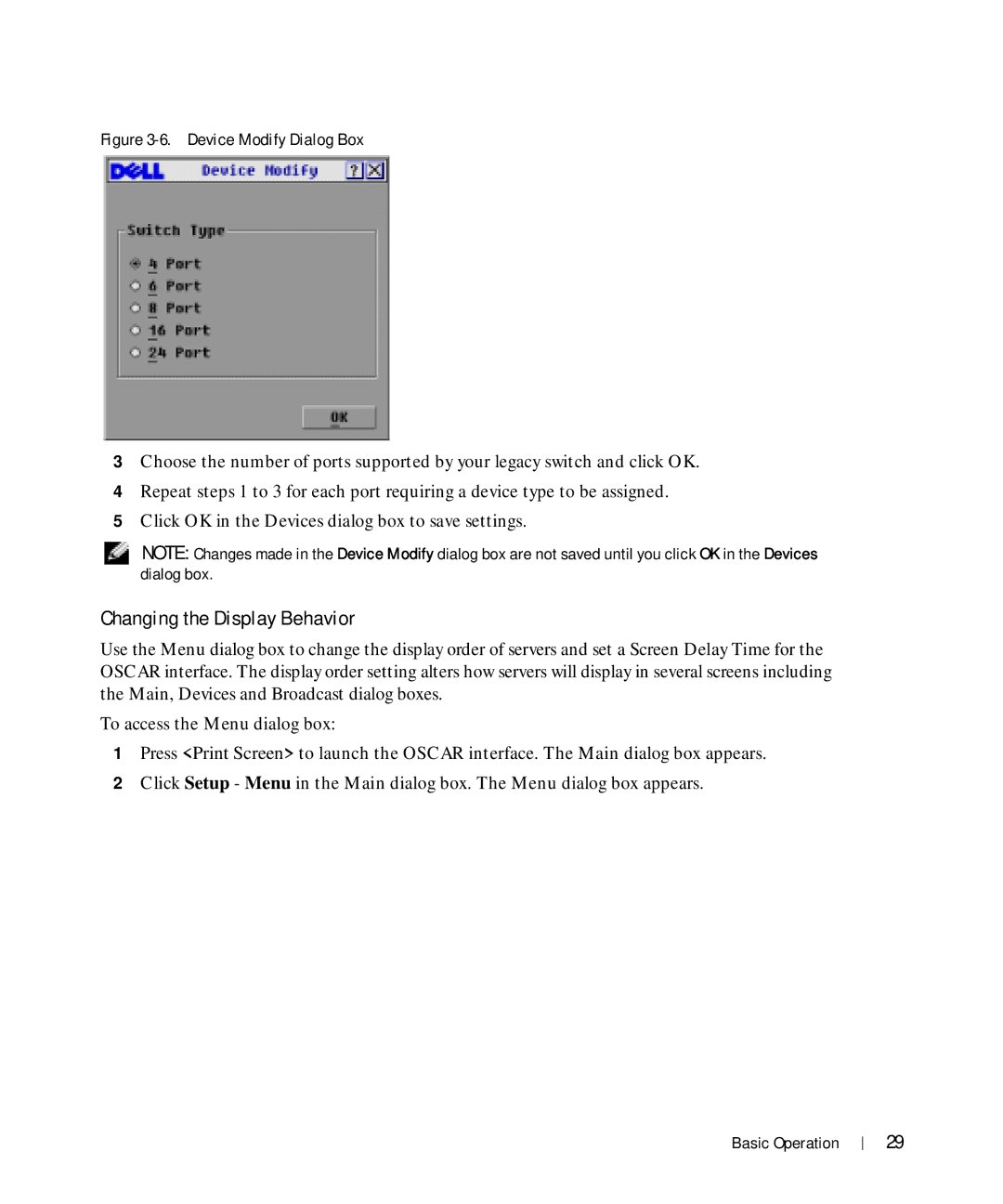 Dell Console Switch manual Changing the Display Behavior, Device Modify Dialog Box 