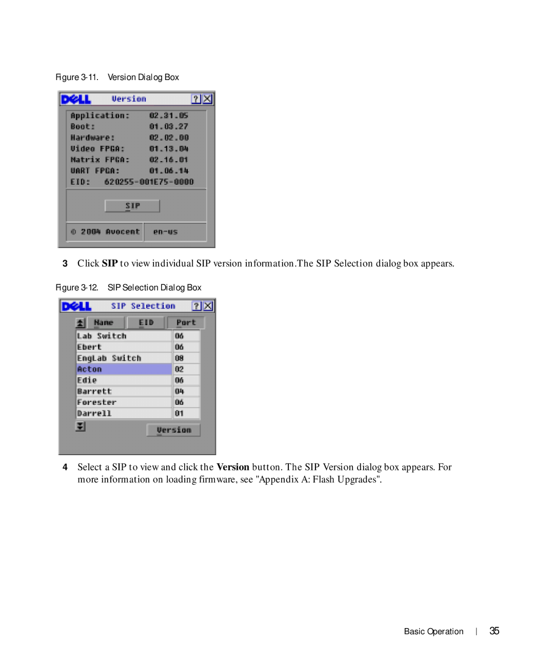 Dell Console Switch manual Version Dialog Box 