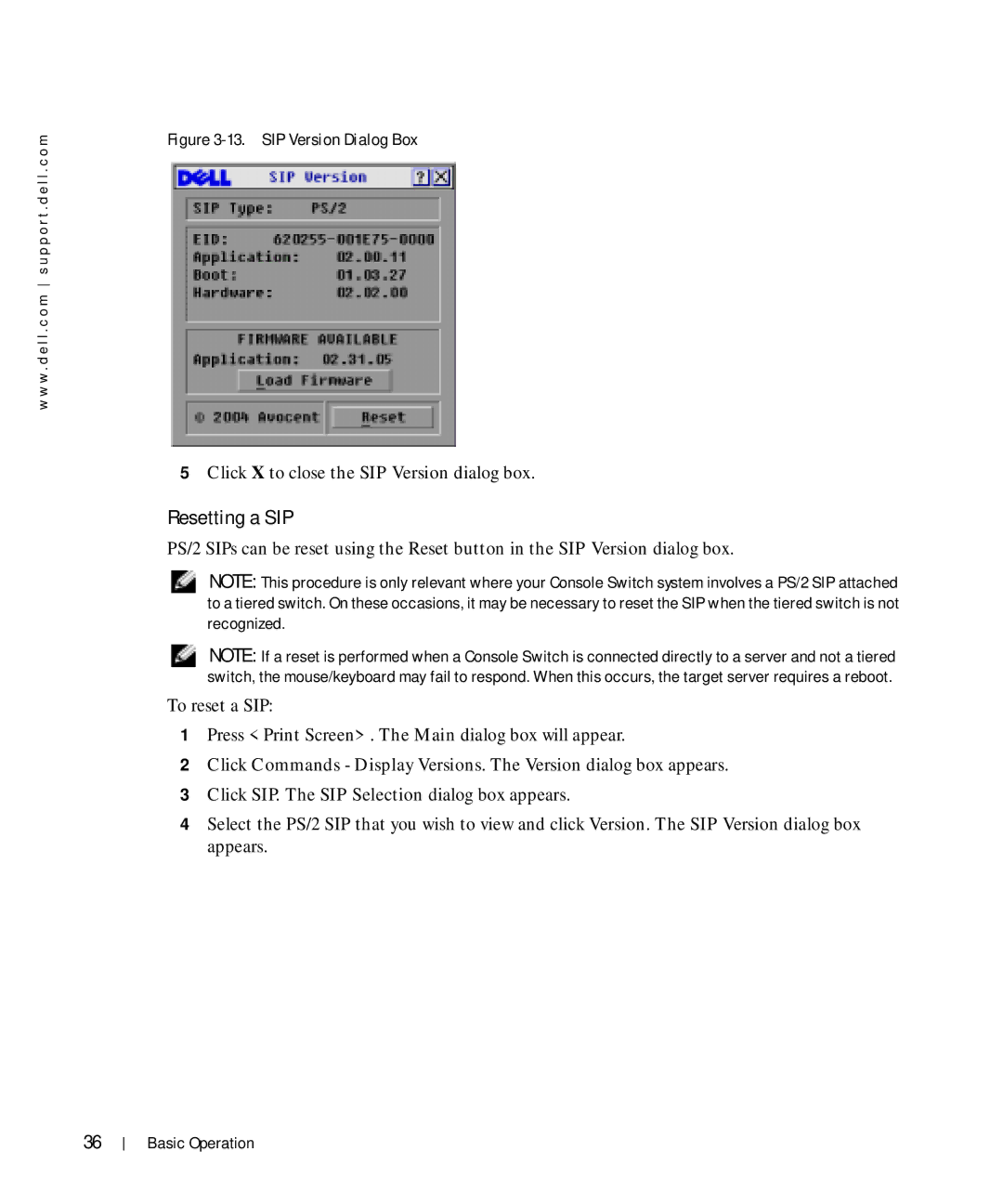 Dell Console Switch manual Resetting a SIP, SIP Version Dialog Box 