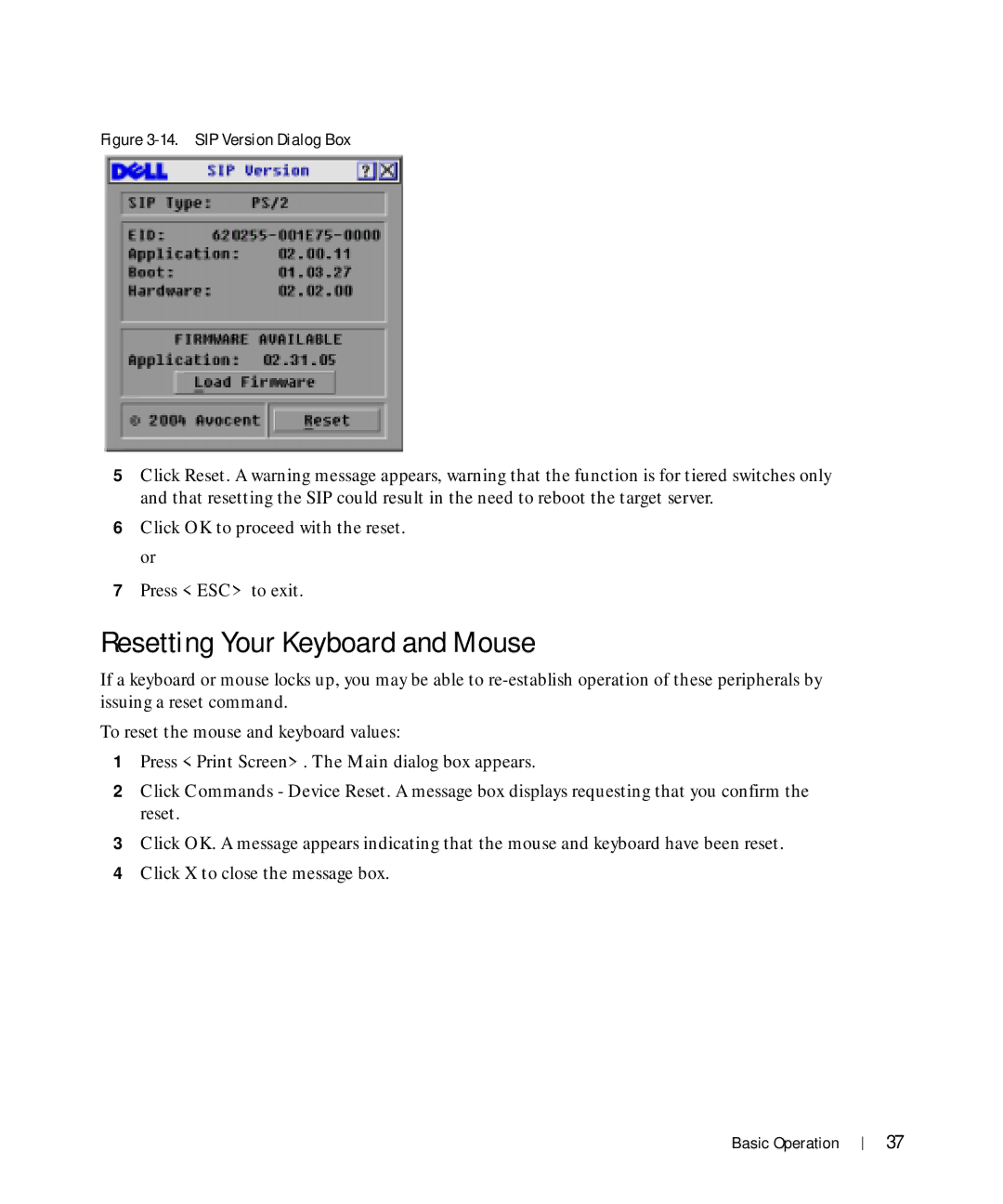 Dell Console Switch manual Resetting Your Keyboard and Mouse, SIP Version Dialog Box 