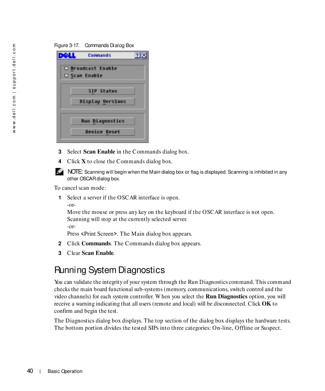 Dell Console Switch manual Running System Diagnostics, Commands Dialog Box 