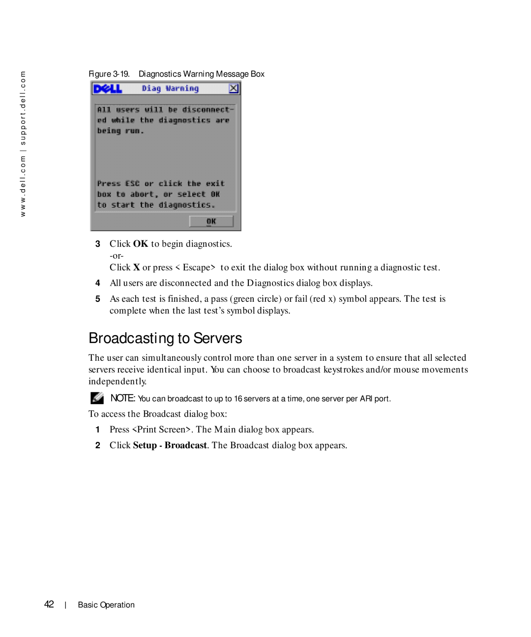 Dell Console Switch manual Broadcasting to Servers, Diagnostics Warning Message Box 