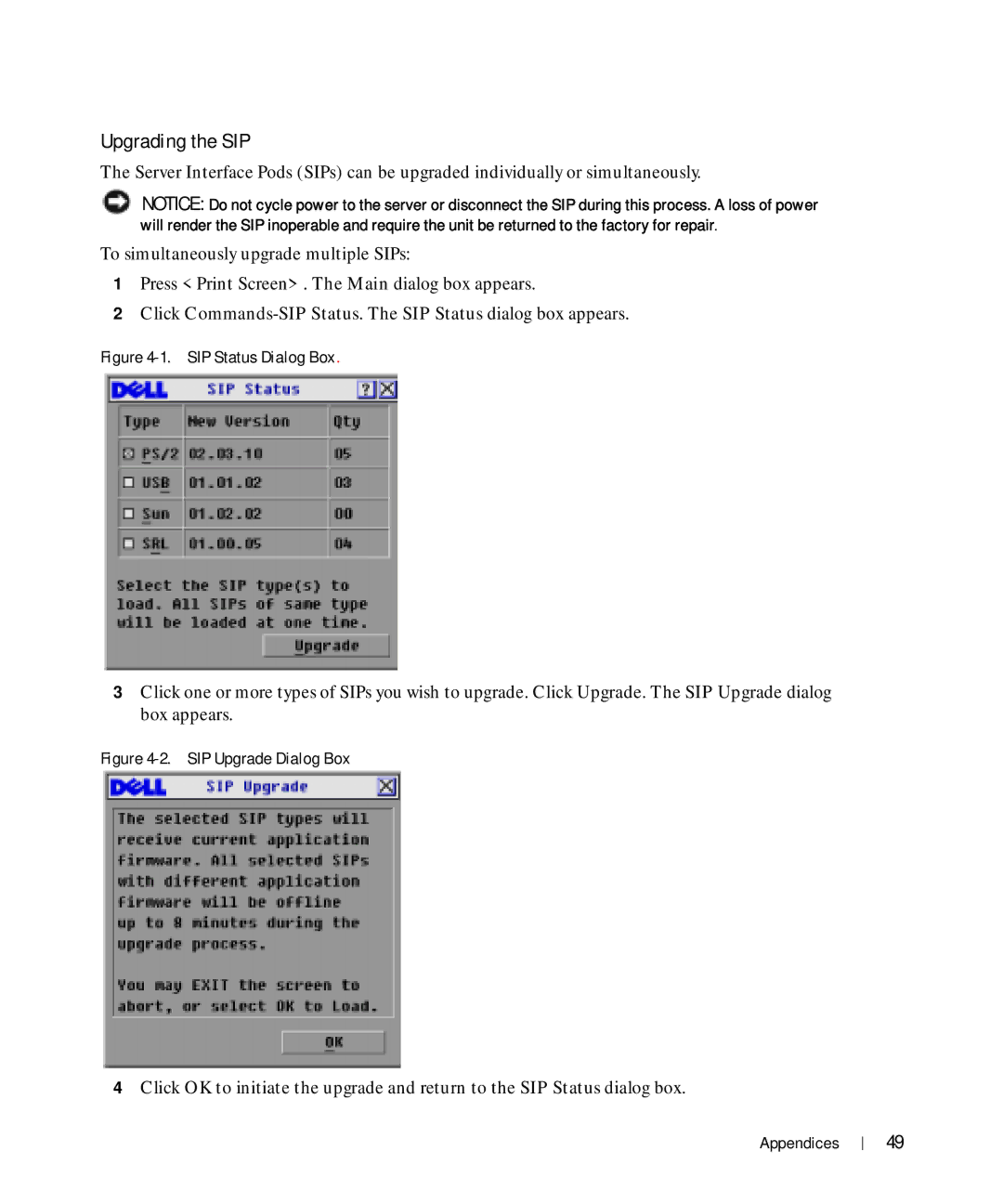 Dell Console Switch manual Upgrading the SIP, SIP Status Dialog Box 