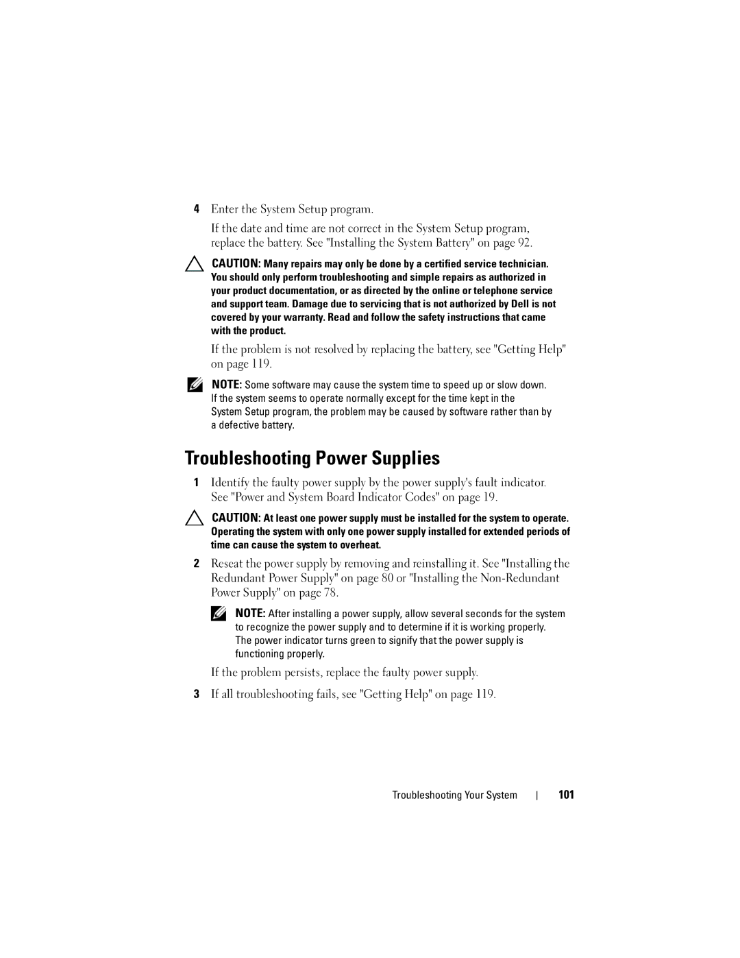 Dell C1100, CS24-TY owner manual Troubleshooting Power Supplies, Enter the System Setup program, 101 