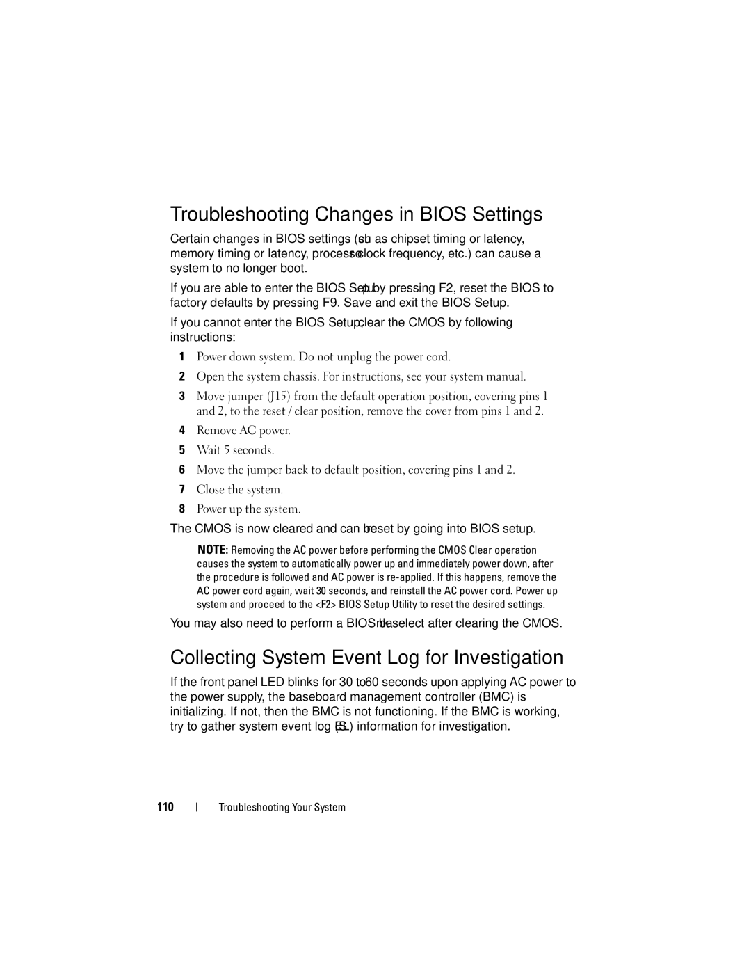 Dell CS24-TY, C1100 owner manual Troubleshooting Changes in Bios Settings, Collecting System Event Log for Investigation 