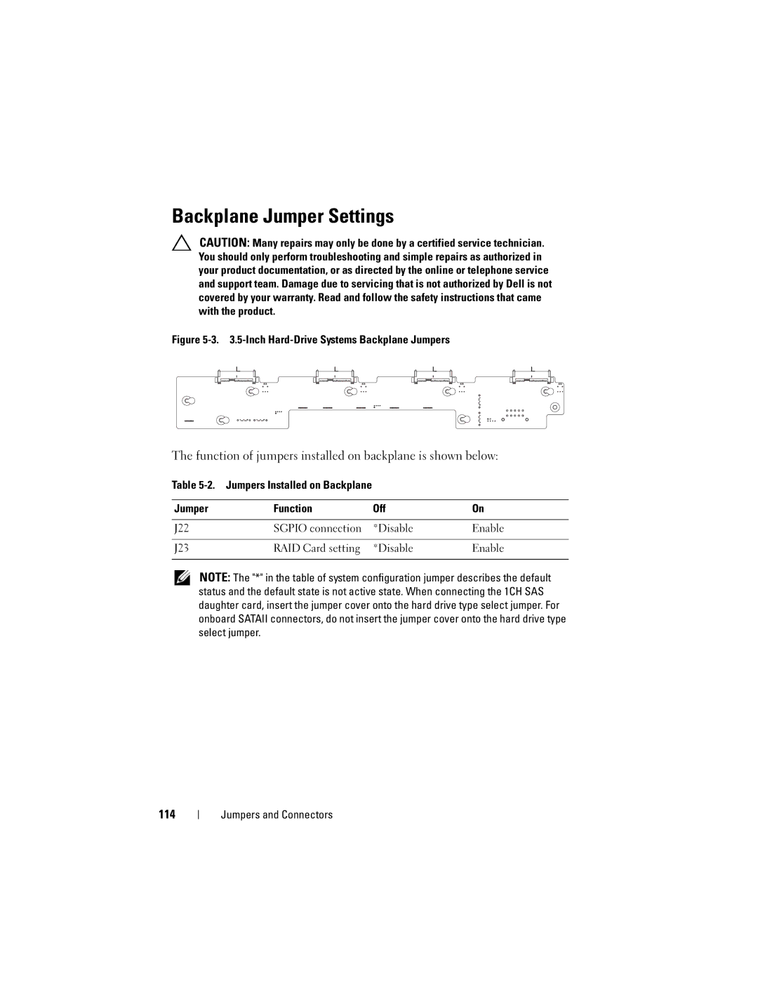 Dell CS24-TY, C1100 owner manual Backplane Jumper Settings, Function of jumpers installed on backplane is shown below, 114 