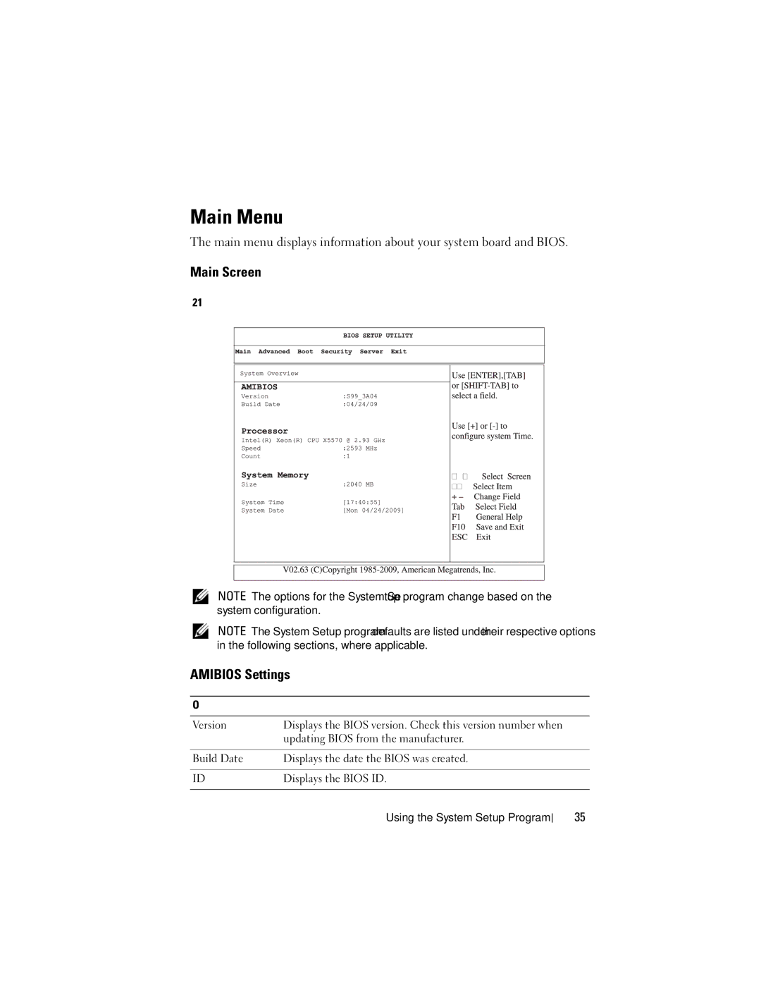 Dell C1100, CS24-TY owner manual Main Menu, Main Screen, Amibios Settings 