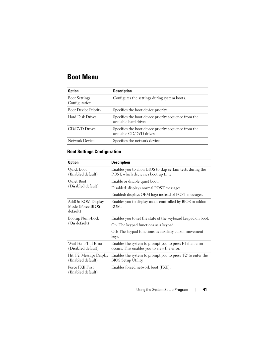 Dell C1100, CS24-TY owner manual Boot Menu, Boot Settings Configuration 