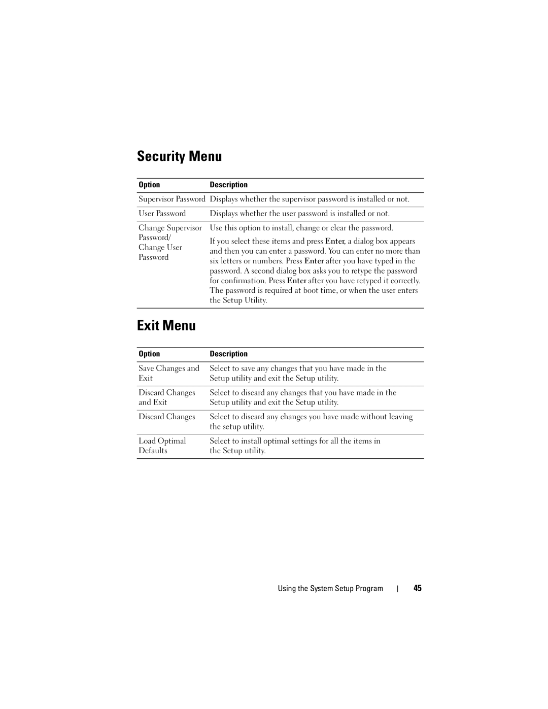 Dell C1100, CS24-TY owner manual Security Menu, Exit Menu 