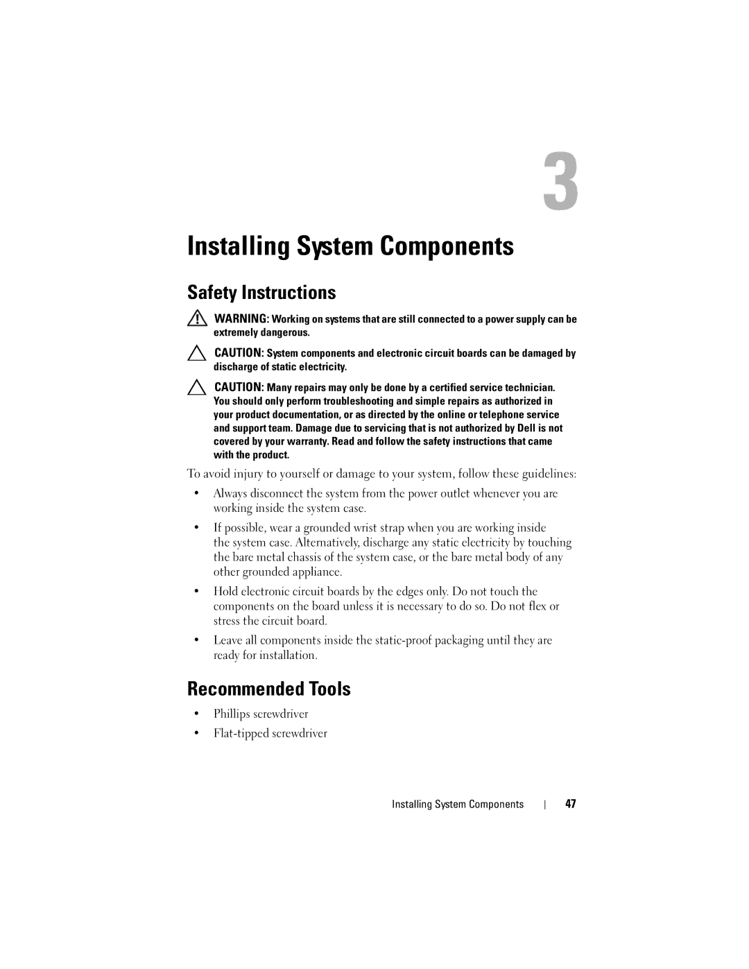 Dell C1100, CS24-TY owner manual Safety Instructions, Recommended Tools, Phillips screwdriver Flat-tipped screwdriver 