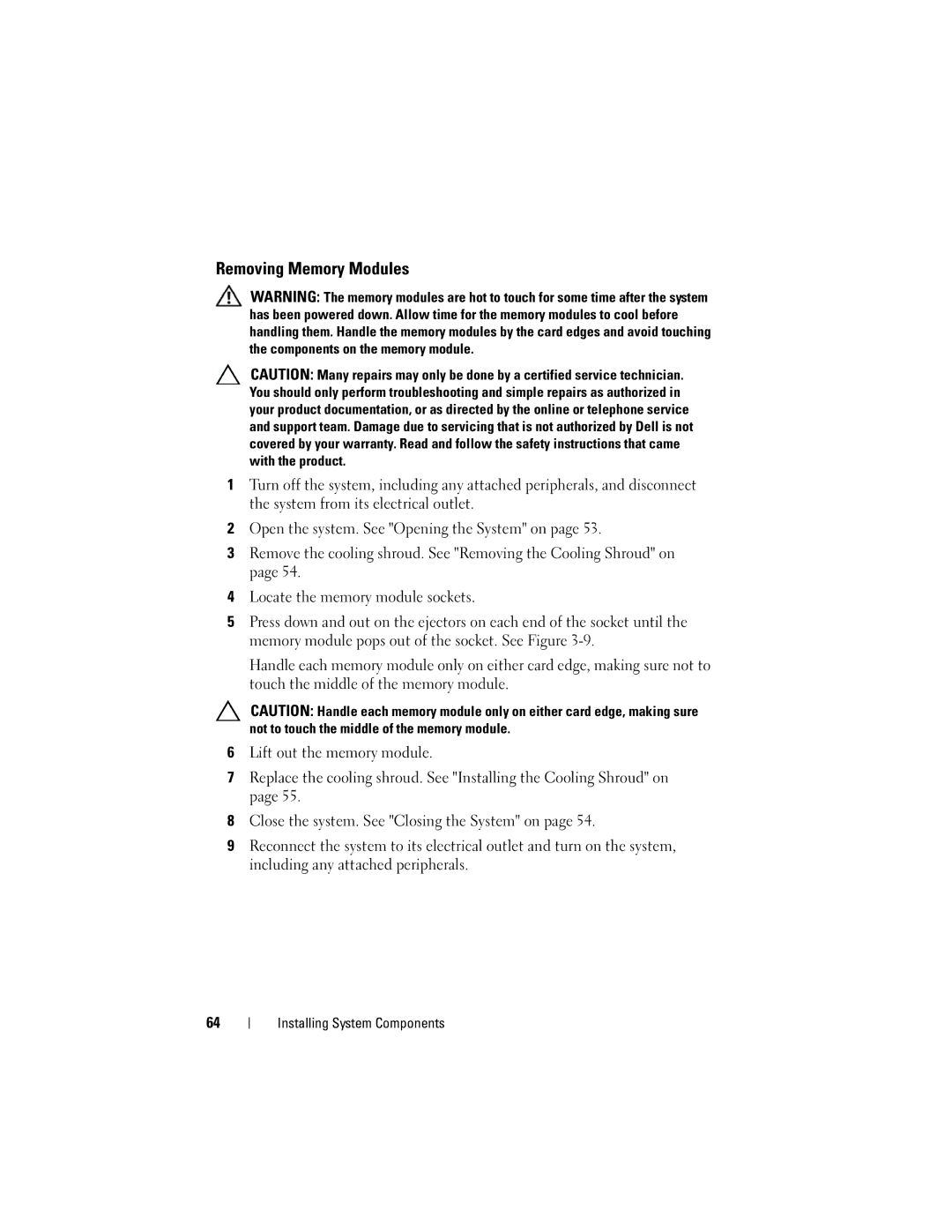 Dell CS24-TY, C1100 owner manual Removing Memory Modules 