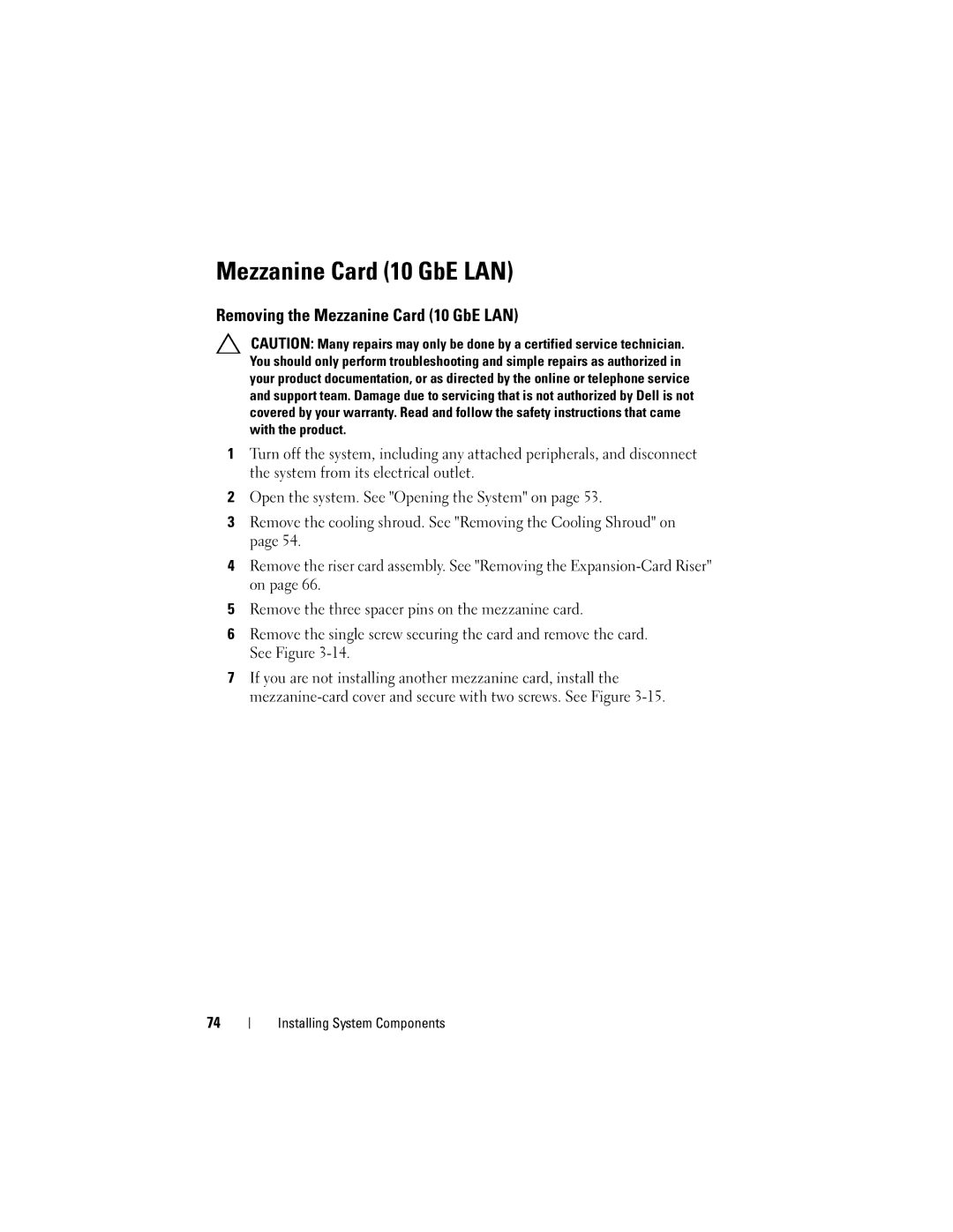 Dell CS24-TY, C1100 owner manual Removing the Mezzanine Card 10 GbE LAN 