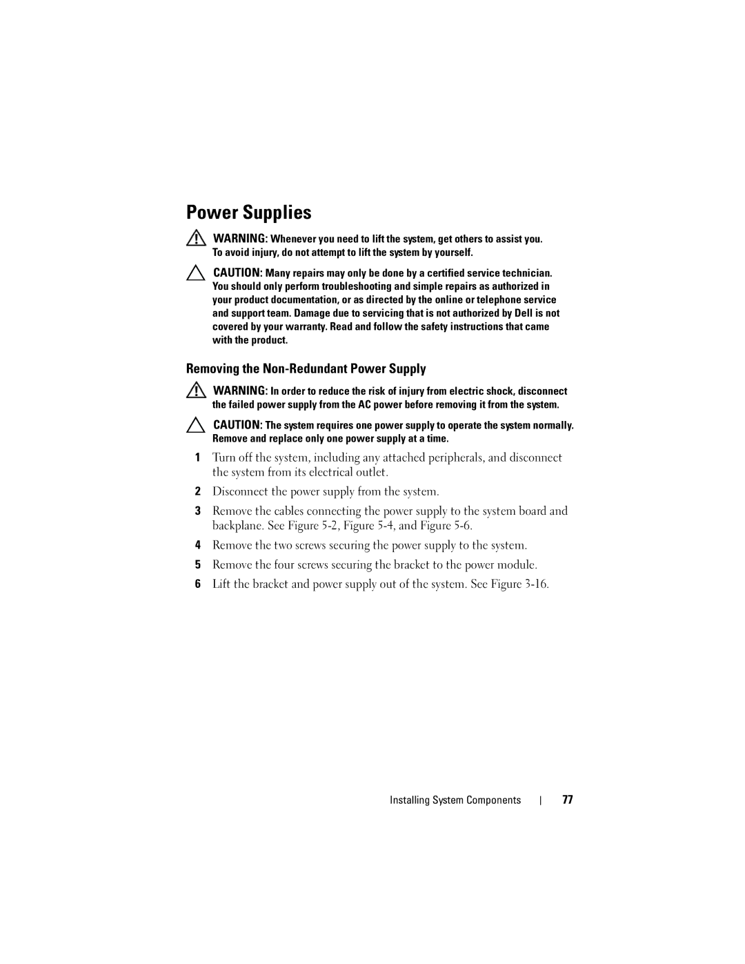 Dell C1100, CS24-TY owner manual Power Supplies, Removing the Non-Redundant Power Supply 