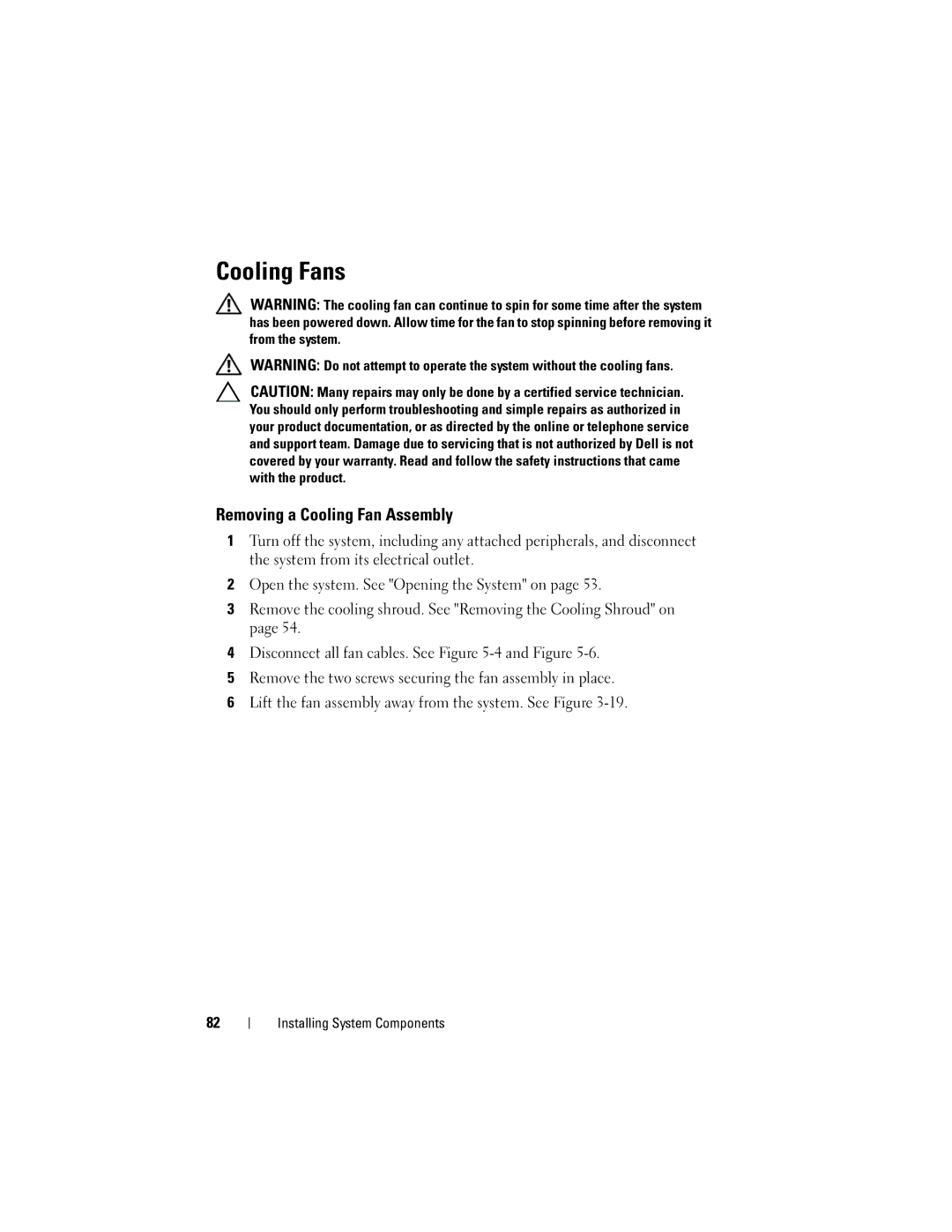 Dell CS24-TY, C1100 owner manual Cooling Fans, Removing a Cooling Fan Assembly 