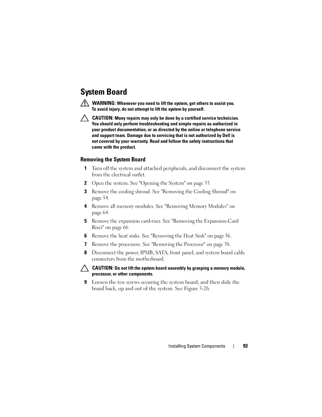 Dell C1100, CS24-TY owner manual Removing the System Board 