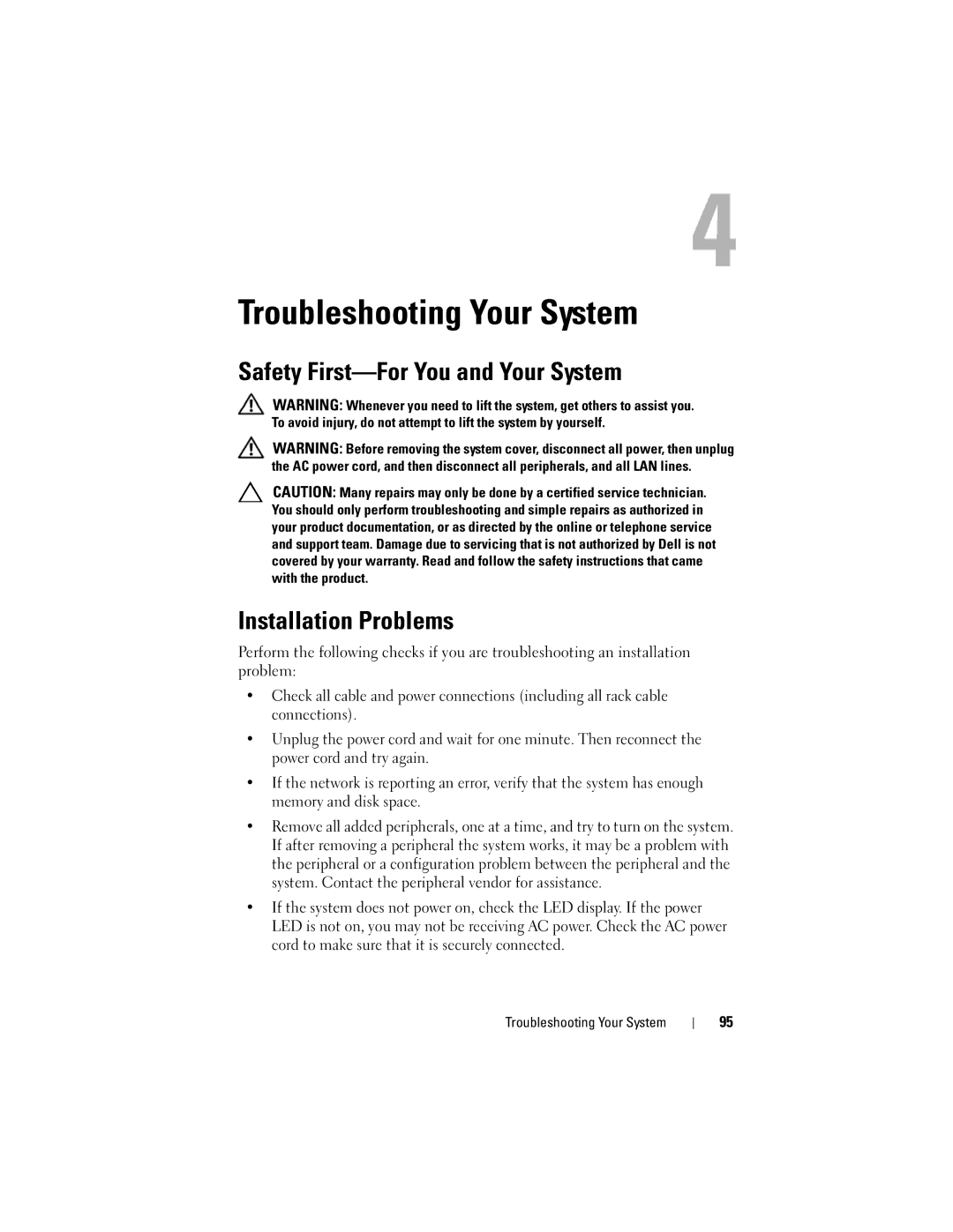 Dell C1100, CS24-TY owner manual Troubleshooting Your System, Safety First-For You and Your System Installation Problems 