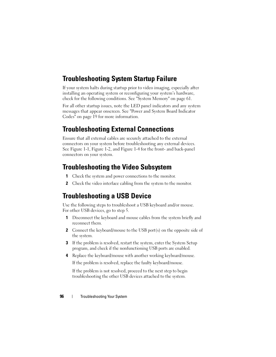 Dell CS24-TY Troubleshooting System Startup Failure, Troubleshooting External Connections, Troubleshooting a USB Device 