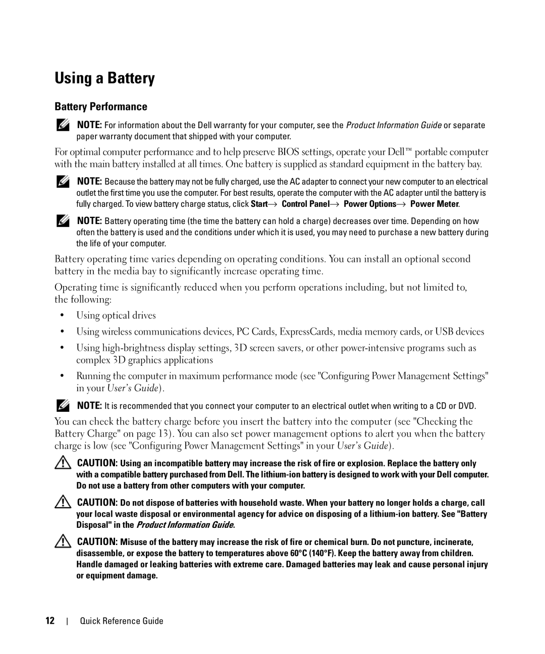 Dell CT975 manual Using a Battery, Battery Performance 