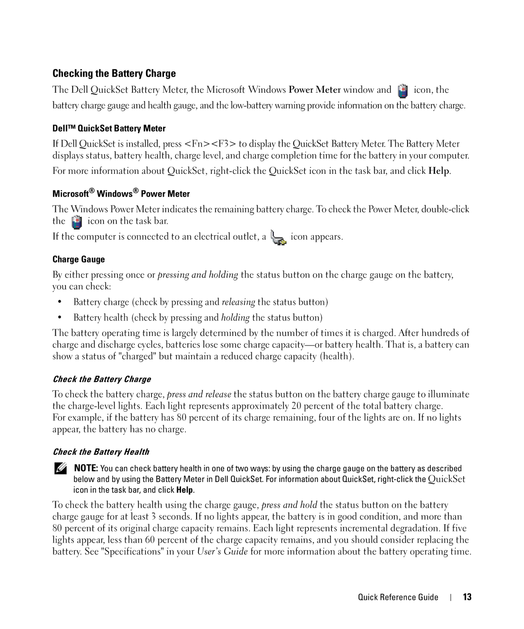 Dell CT975 manual Checking the Battery Charge, Dell QuickSet Battery Meter, Microsoft Windows Power Meter, Charge Gauge 