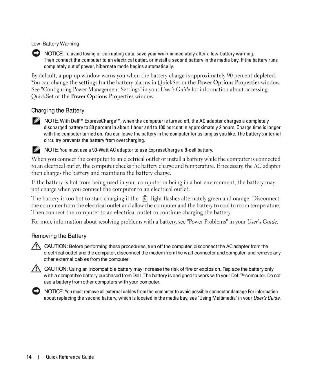 Dell CT975 manual Charging the Battery, Removing the Battery, Low-Battery Warning 