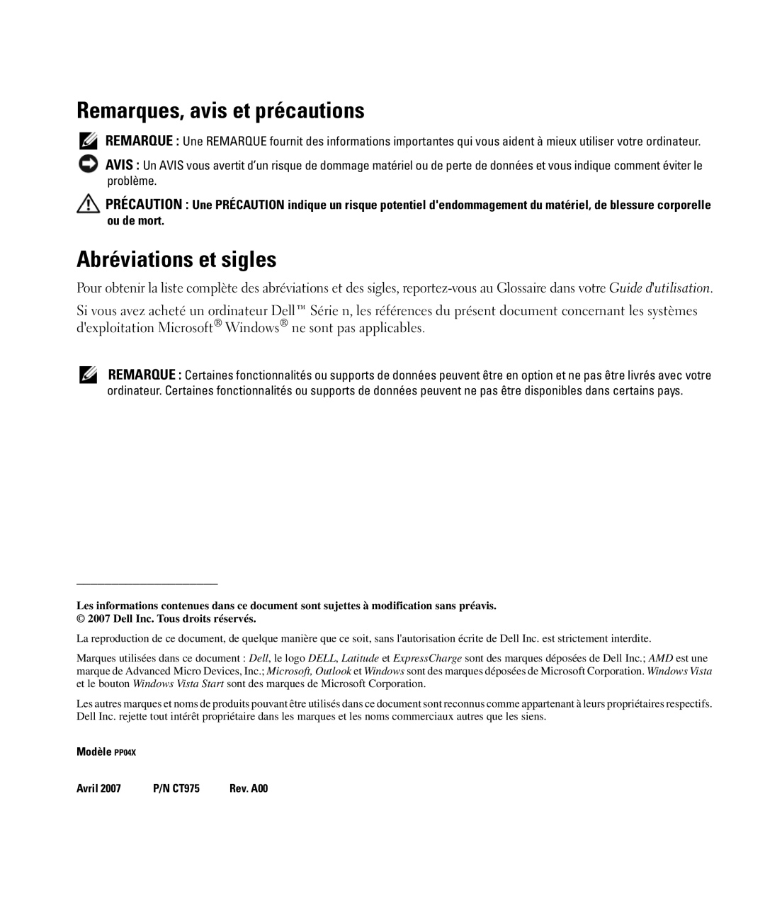 Dell CT975 manual Remarques, avis et précautions, Abréviations et sigles 