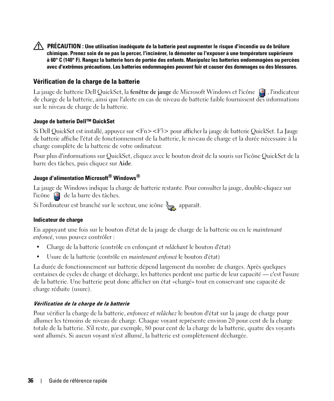 Dell CT975 manual Vérification de la charge de la batterie, Jauge de batterie Dell QuickSet, Indicateur de charge 