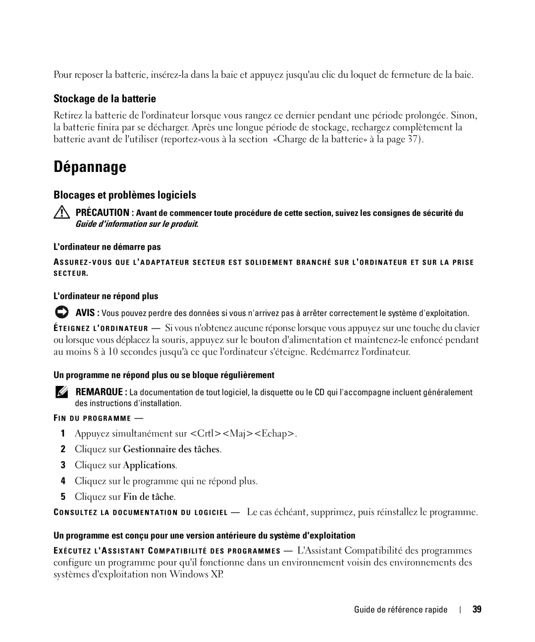 Dell CT975 manual Dépannage, Stockage de la batterie, Blocages et problèmes logiciels 