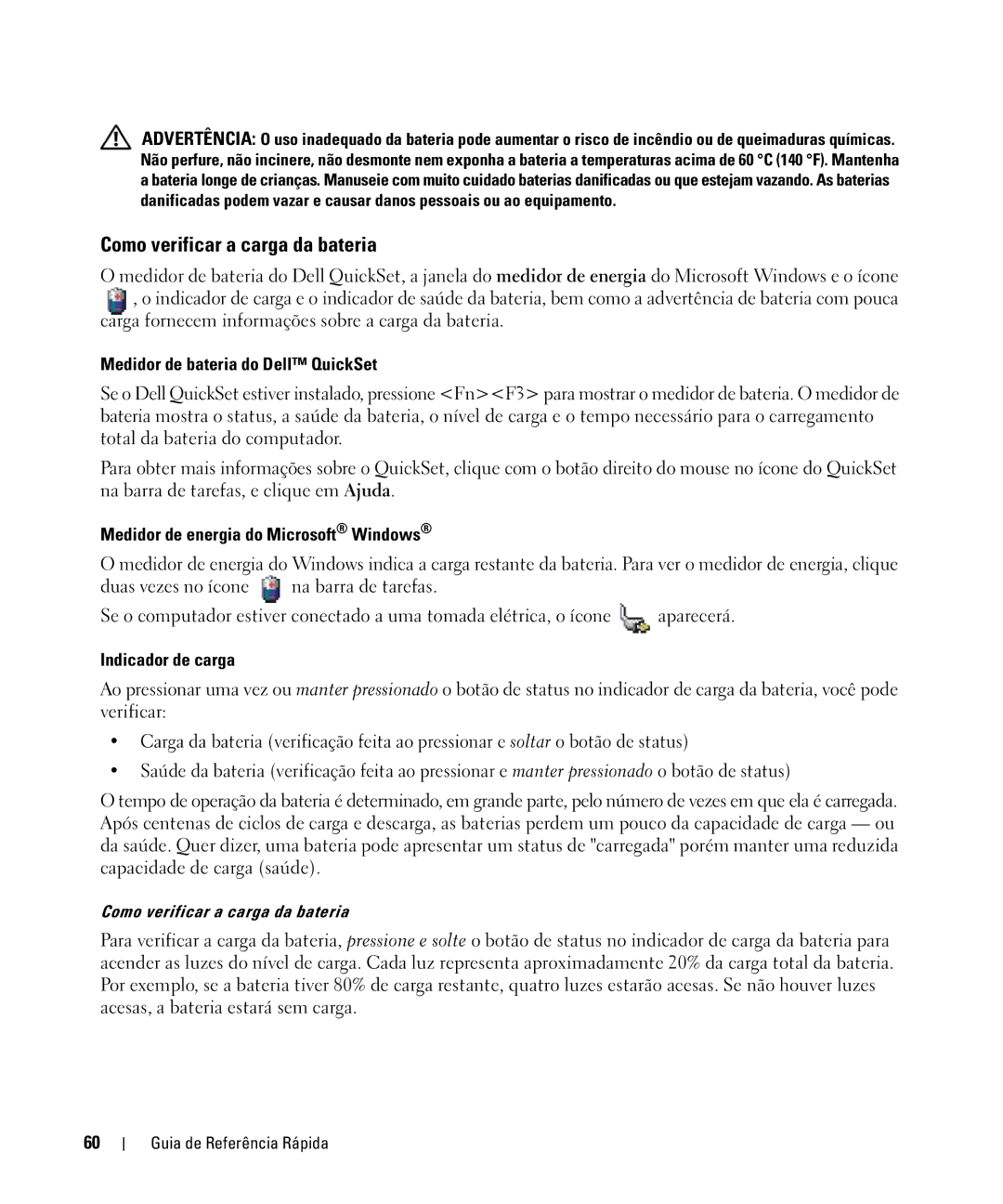 Dell CT975 Como verificar a carga da bateria, Medidor de bateria do Dell QuickSet, Medidor de energia do Microsoft Windows 