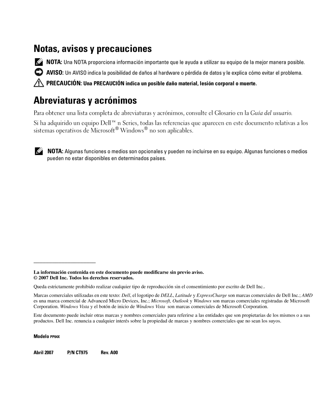 Dell CT975 manual Notas, avisos y precauciones, Abreviaturas y acrónimos 