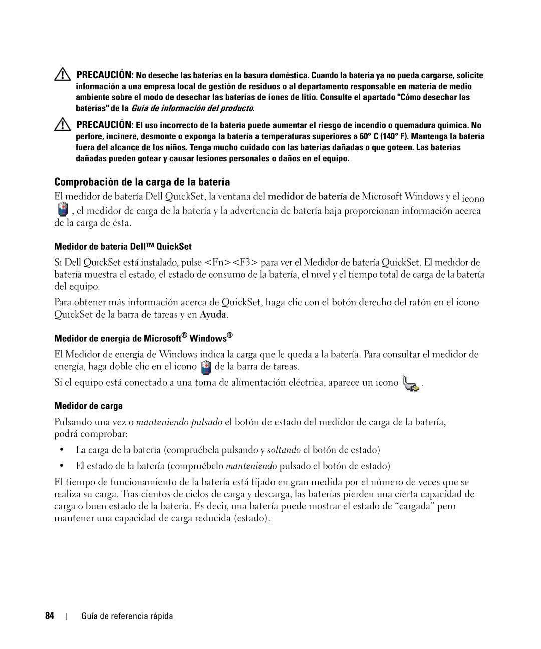 Dell CT975 manual Comprobación de la carga de la batería, Medidor de batería Dell QuickSet, Medidor de carga 