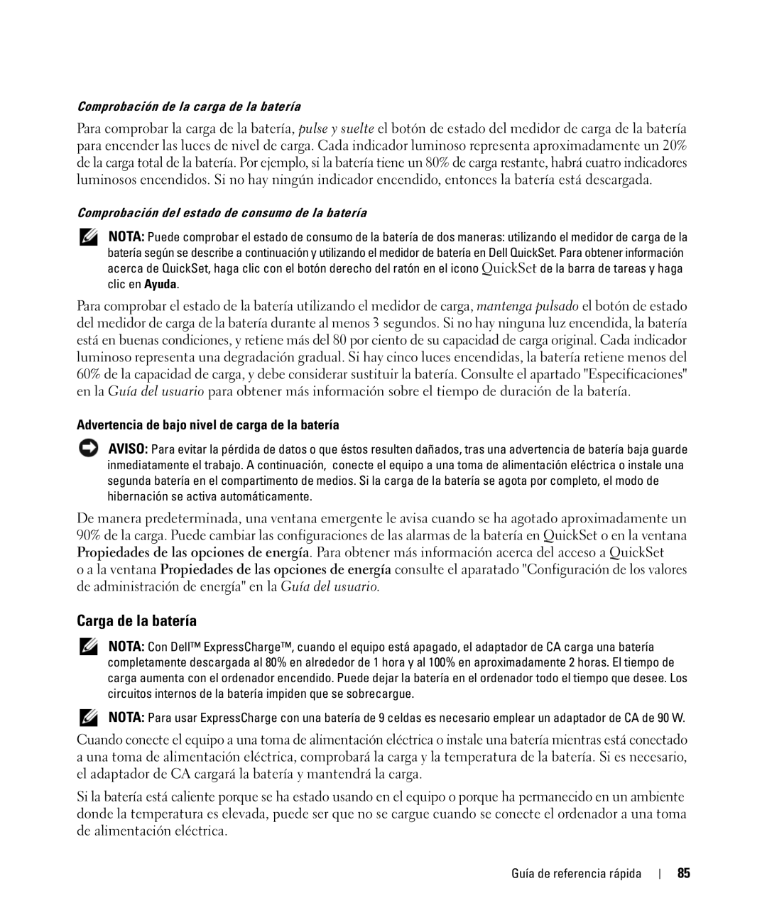 Dell CT975 manual Carga de la batería, Advertencia de bajo nivel de carga de la batería 