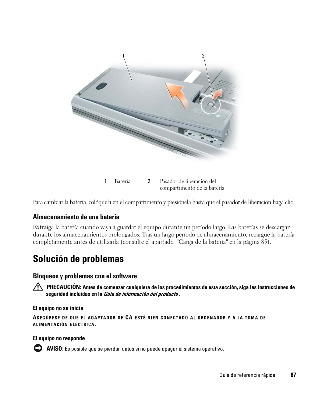 Dell CT975 manual Solución de problemas, Almacenamiento de una batería, Bloqueos y problemas con el software 