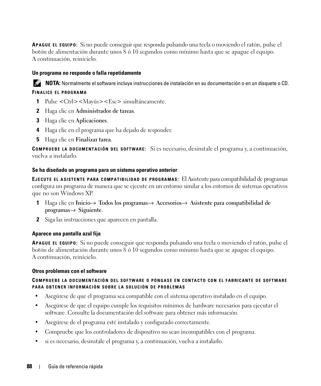 Dell CT975 Un programa no responde o falla repetidamente, Aparece una pantalla azul fija, Otros problemas con el software 