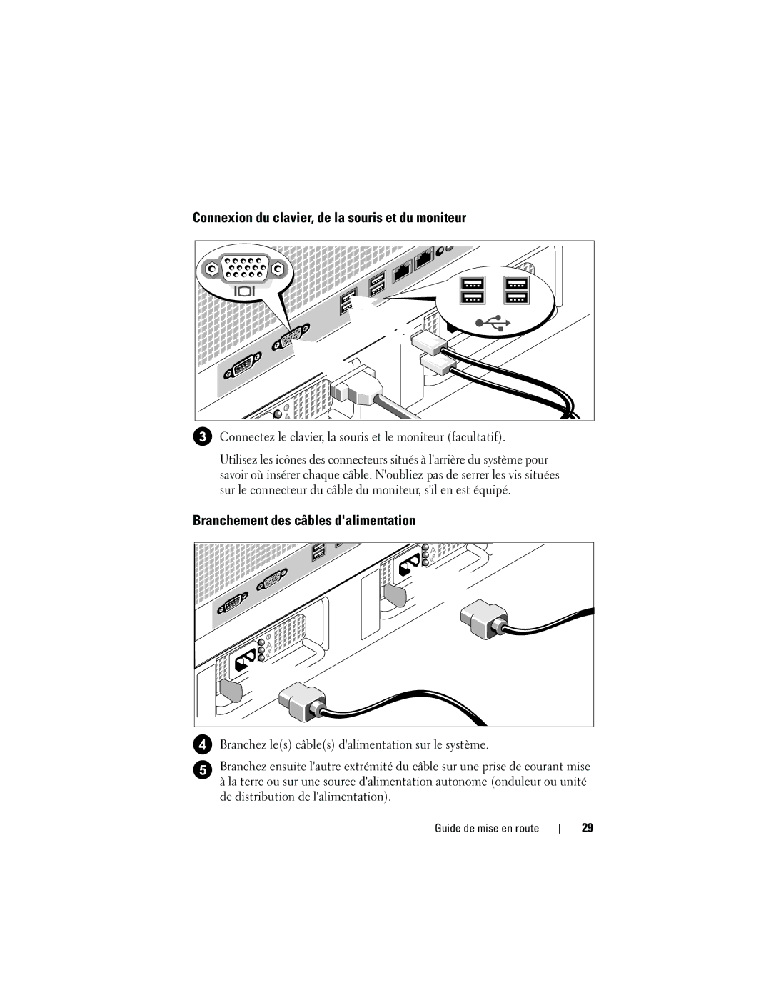 Dell CX193 manual Connexion du clavier, de la souris et du moniteur, Branchement des câbles dalimentation 