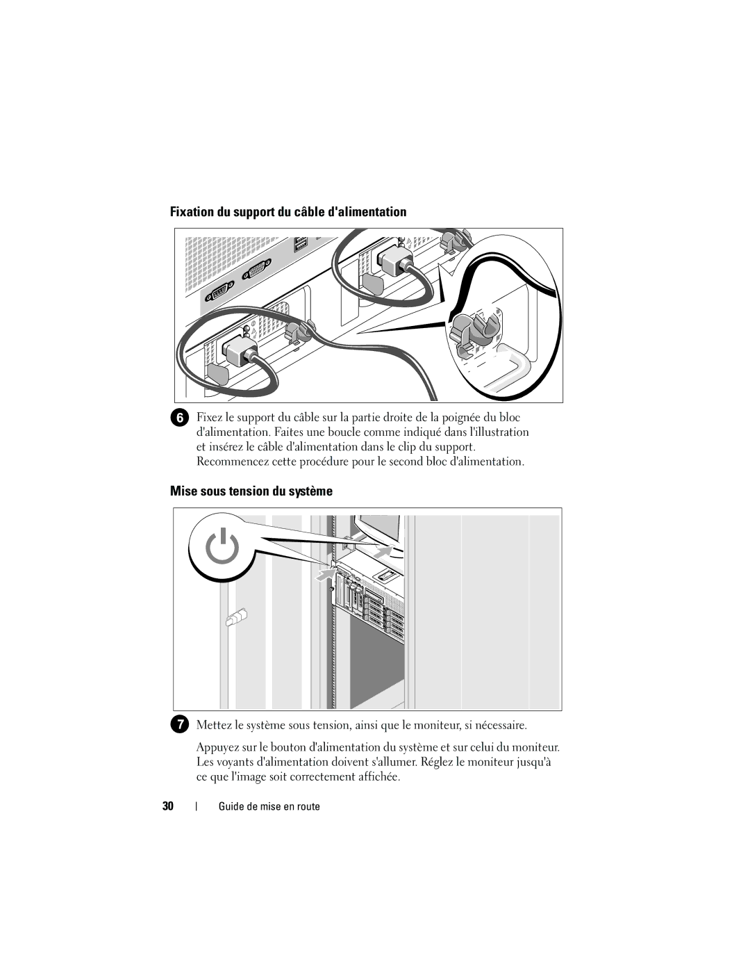 Dell CX193 manual Fixation du support du câble dalimentation, Mise sous tension du système 